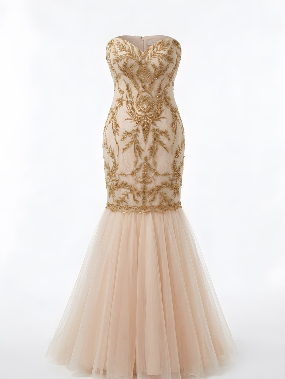 Gigi Elegant Strapless Gold Embroidered Mermaid Evening Gown